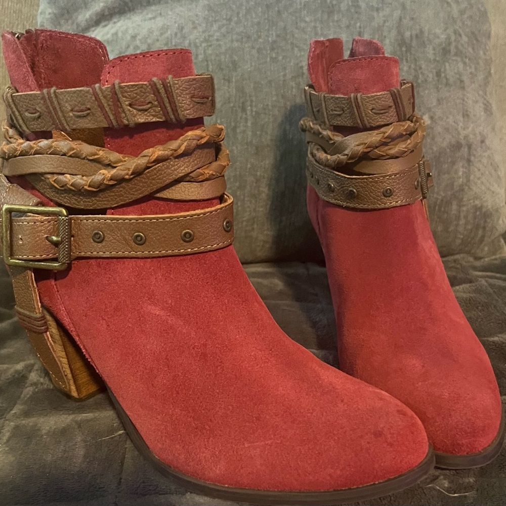 Naughty Monkey Red Ankle Boots with Brown Straps
